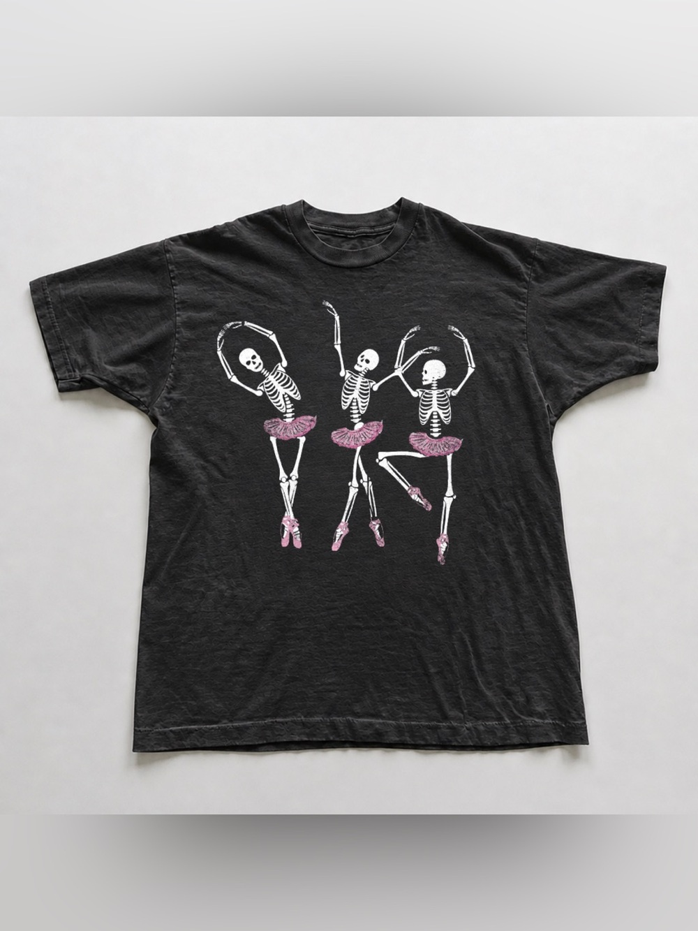Black Tee with White Skeleton Ballerinas and Pink Accents